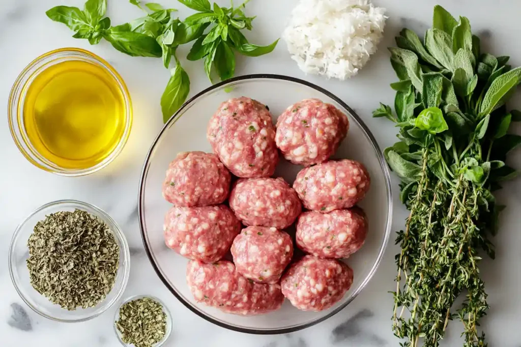 Ingredients for Italian turkey sausage, including ground turkey, garlic, fennel seeds, paprika, and fresh herbs, arranged neatly on a wooden surface.