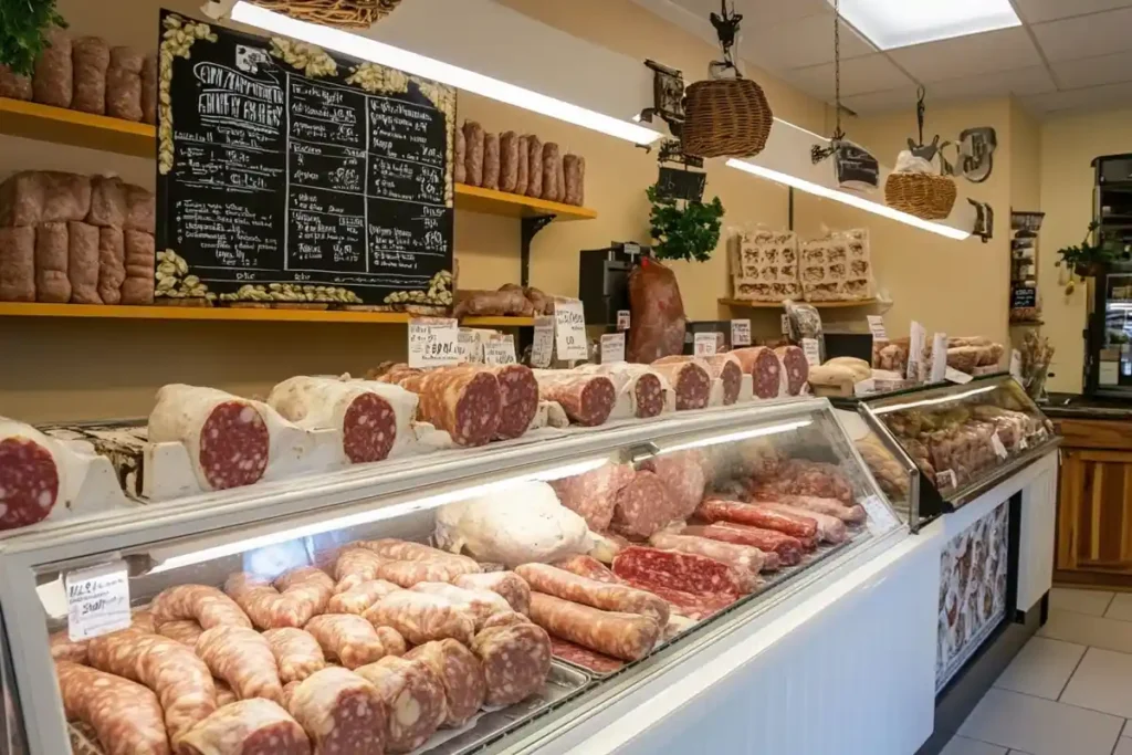 Fresh Italian turkey sausage links neatly arranged in a display case at a local butcher shop.