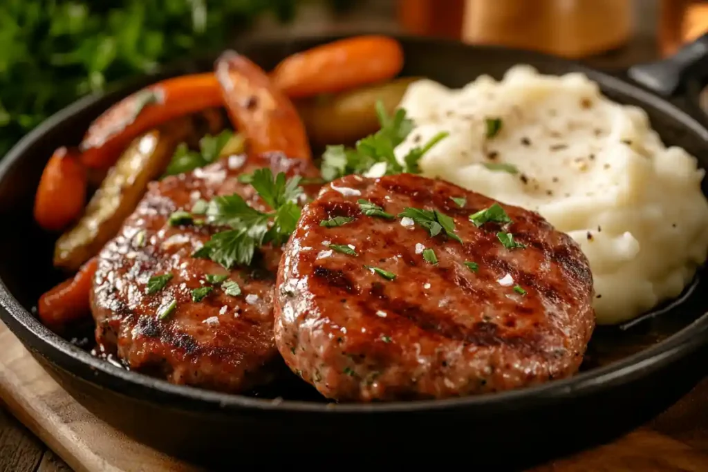 Two golden-brown Italian turkey sausage patties garnished with fresh parsley, served in a cast-iron skillet with roasted vegetables and creamy mashed potatoes on the side.