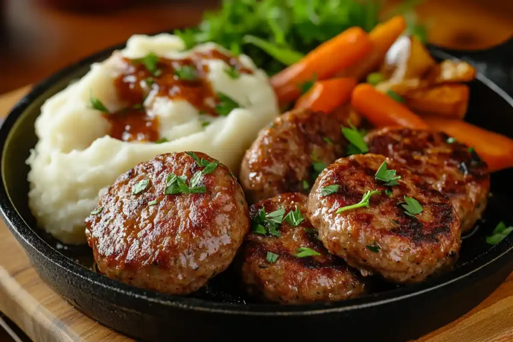 A skillet with sizzling Italian turkey sausage patties garnished with parsley, accompanied by roasted vegetables and creamy mashed potatoes on a rustic table.