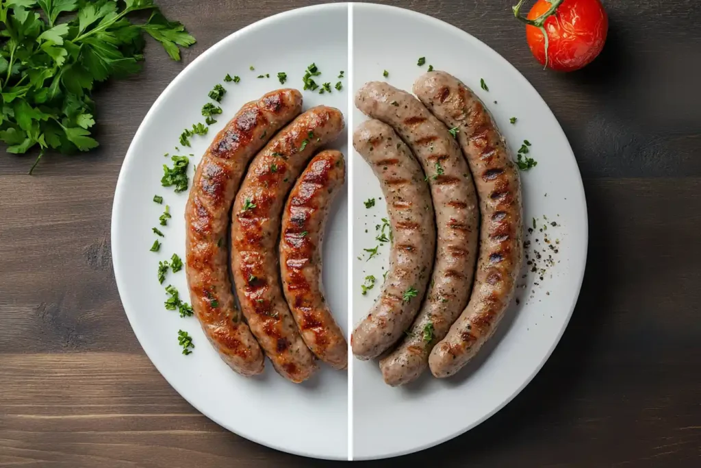 A side-by-side view of a plate with traditional pork sausage on the left and Italian turkey sausage on the right, showing differences in color and texture.