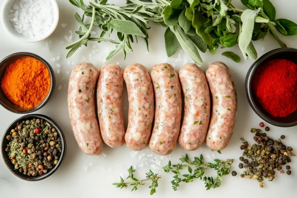 Flat lay of assorted sausage-making spices and fresh herbs surrounding ground turkey in the center on a rustic wooden surface.