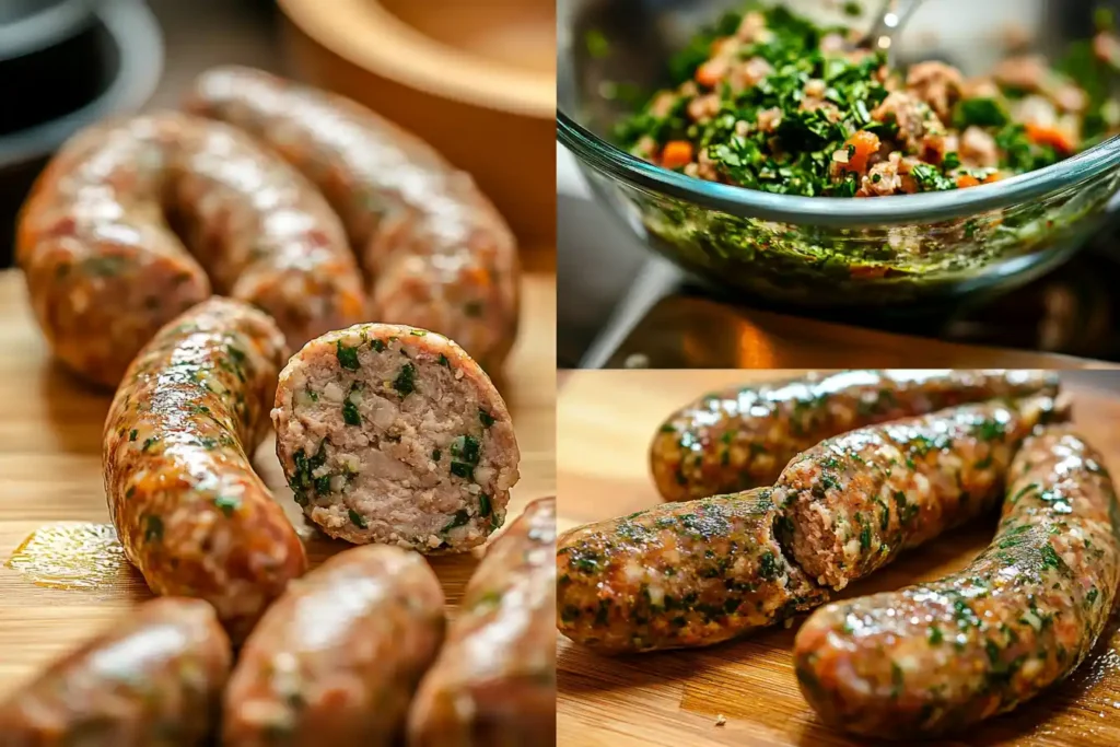 A collage of four images showing the process of mixing spices with ground turkey, shaping sausages, and cooking them to perfection.