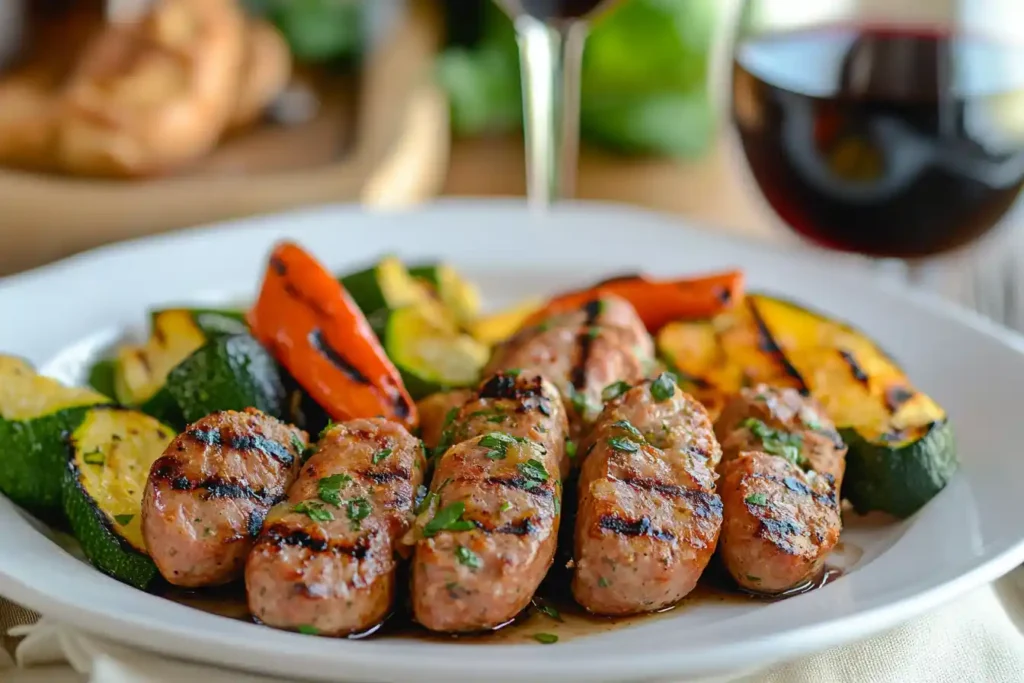 Grilled Italian turkey sausage garnished with fresh herbs, served with vibrant grilled vegetables including zucchini, yellow squash, and red bell peppers, accompanied by a glass of red wine in a cozy dinner setting.