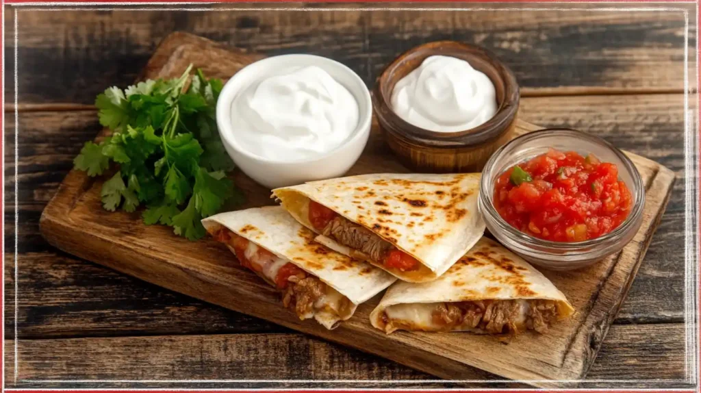 Traditional Mexican street food featuring steak quesadillas, salsa, and sour cream with a red border.