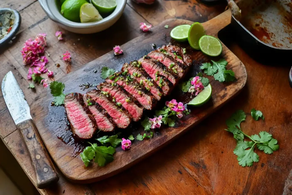 Sliced, perfectly cooked flank steak with lime wedges and fresh cilantro garnish.