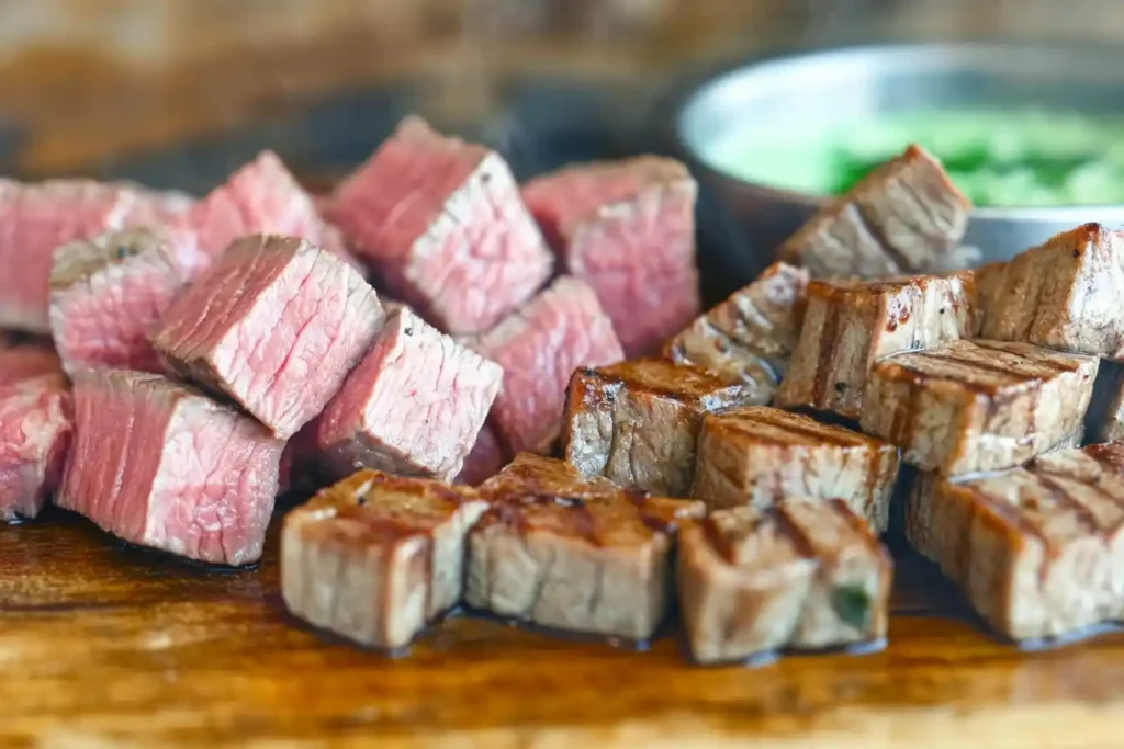 A comparison table highlighting steak cuts like flank, skirt, tri-tip, and New York strip with details on taste and tenderness.