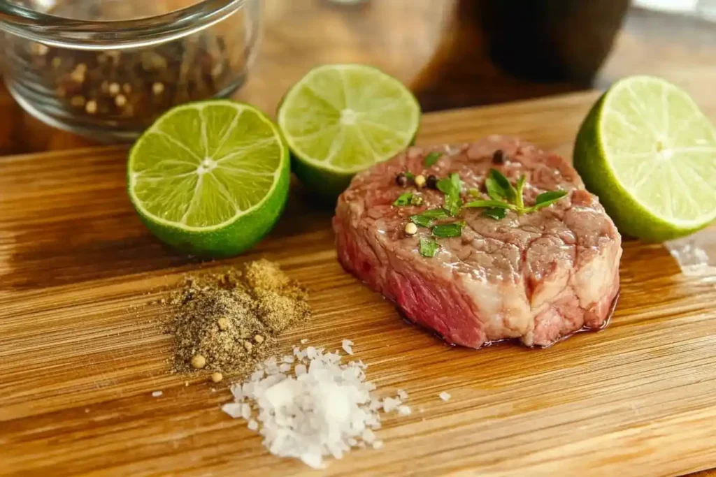 Marinated steak with fresh limes, garlic cloves, and spices on a wooden cutting board.