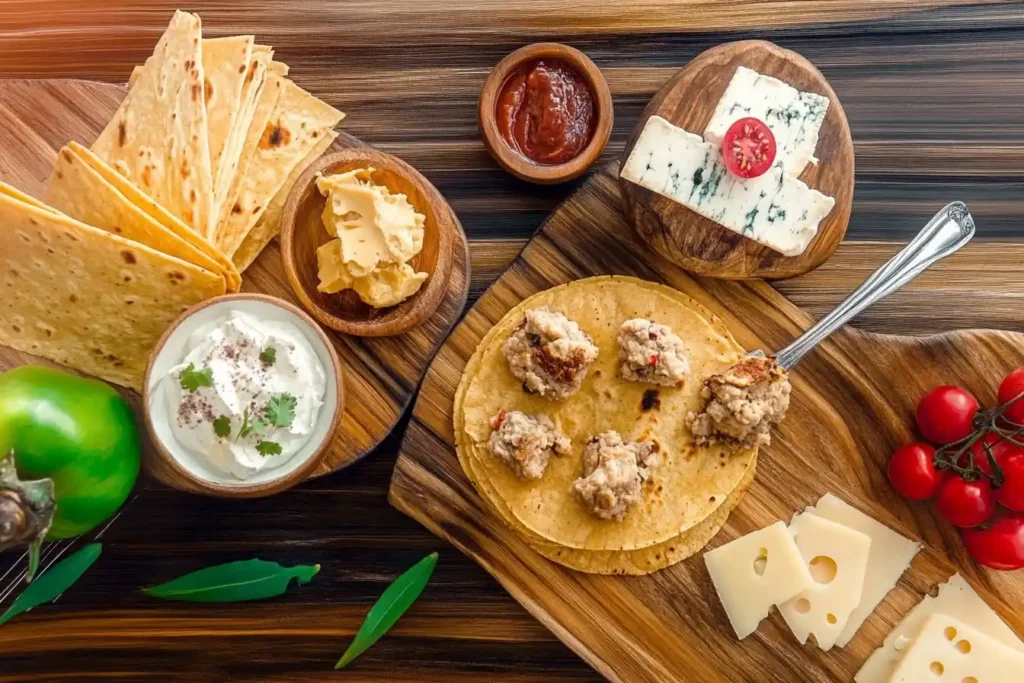 Assorted cheeses, tortillas, and vibrant vegetables displayed on a rustic table.