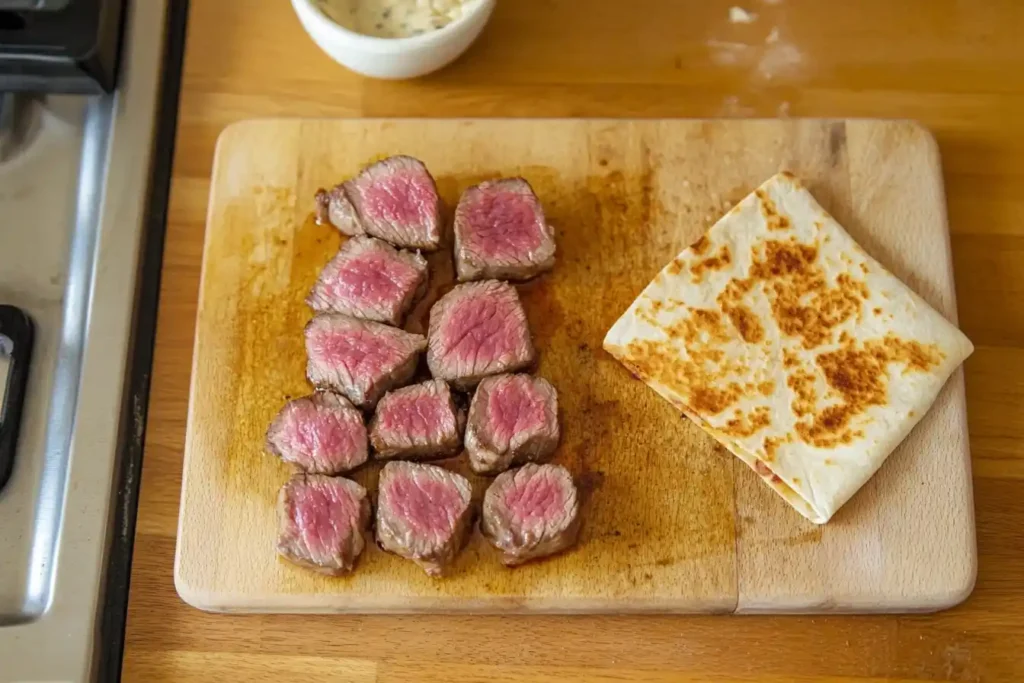 Juicy, sliced steak on a cutting board next to a quesadilla being prepared.