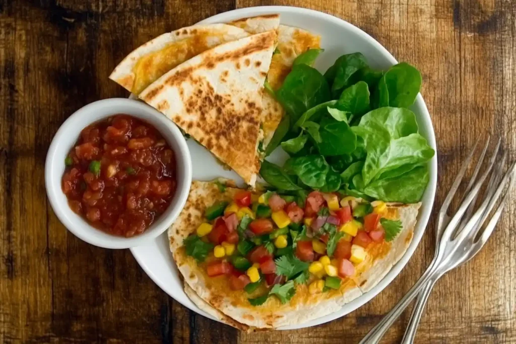 A flat-lay image of a veggie-filled quesadilla with homemade salsa on the side.