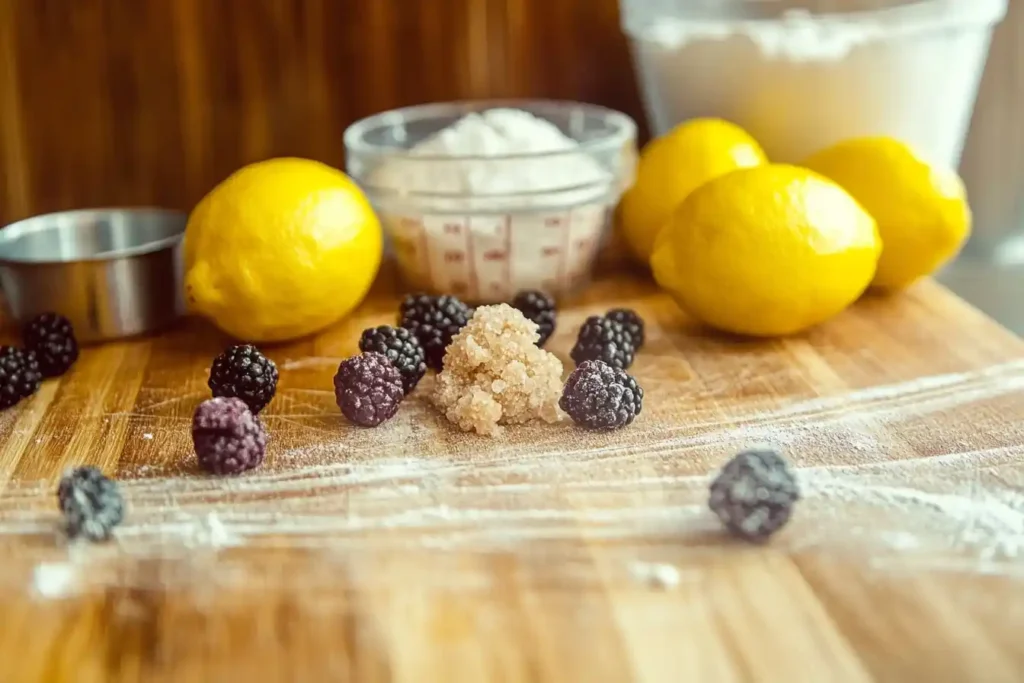 Fresh lemons and a bowl of blackberries on a wooden chopping board surrounded by measuring cups of sugar and flour.