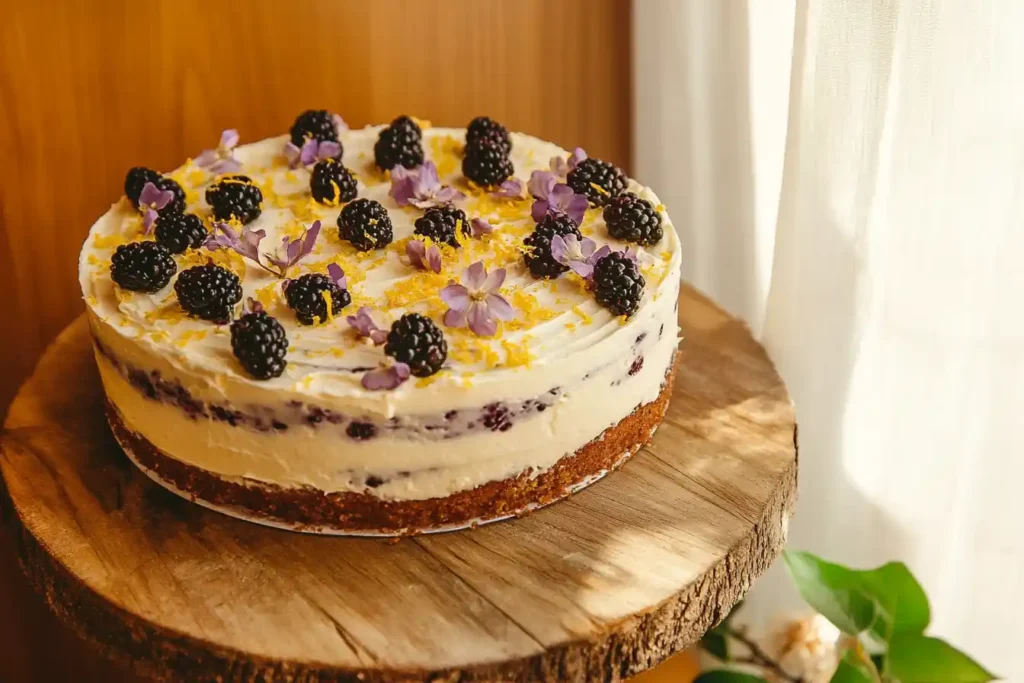 A lemon blackberry cake topped with whole blackberries and lemon zest on a rustic cake stand.