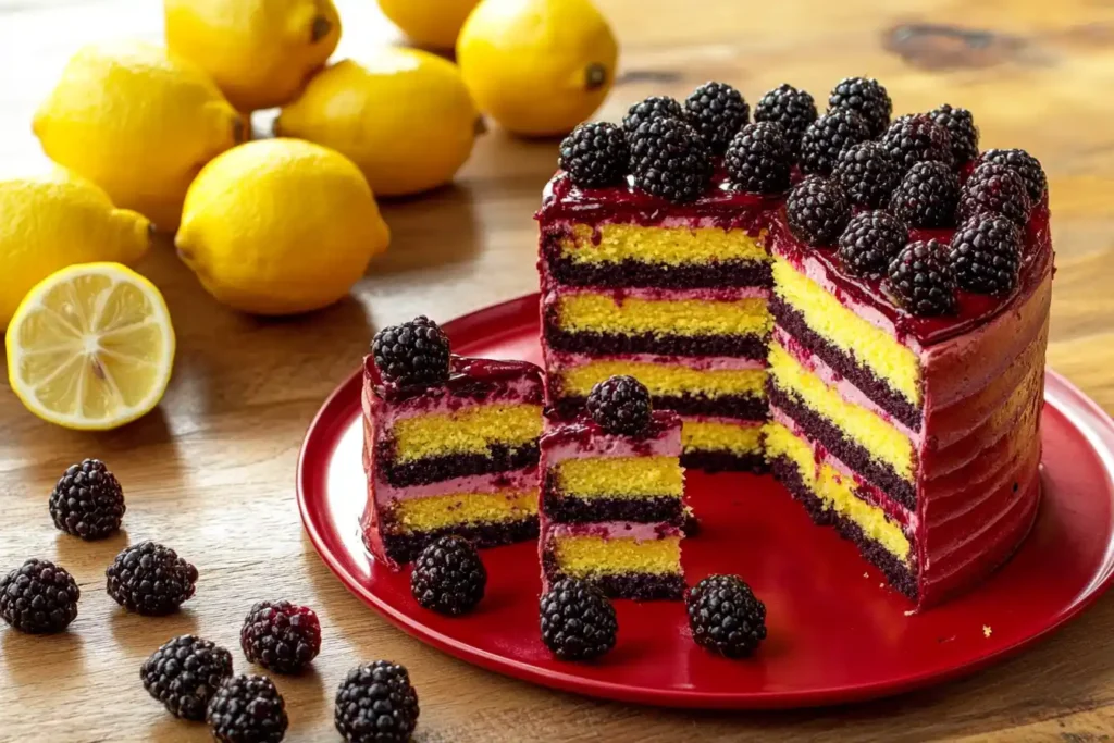 A cross-section of a layered lemon blackberry cake with lemon curd and fresh blackberries, framed by a red border.