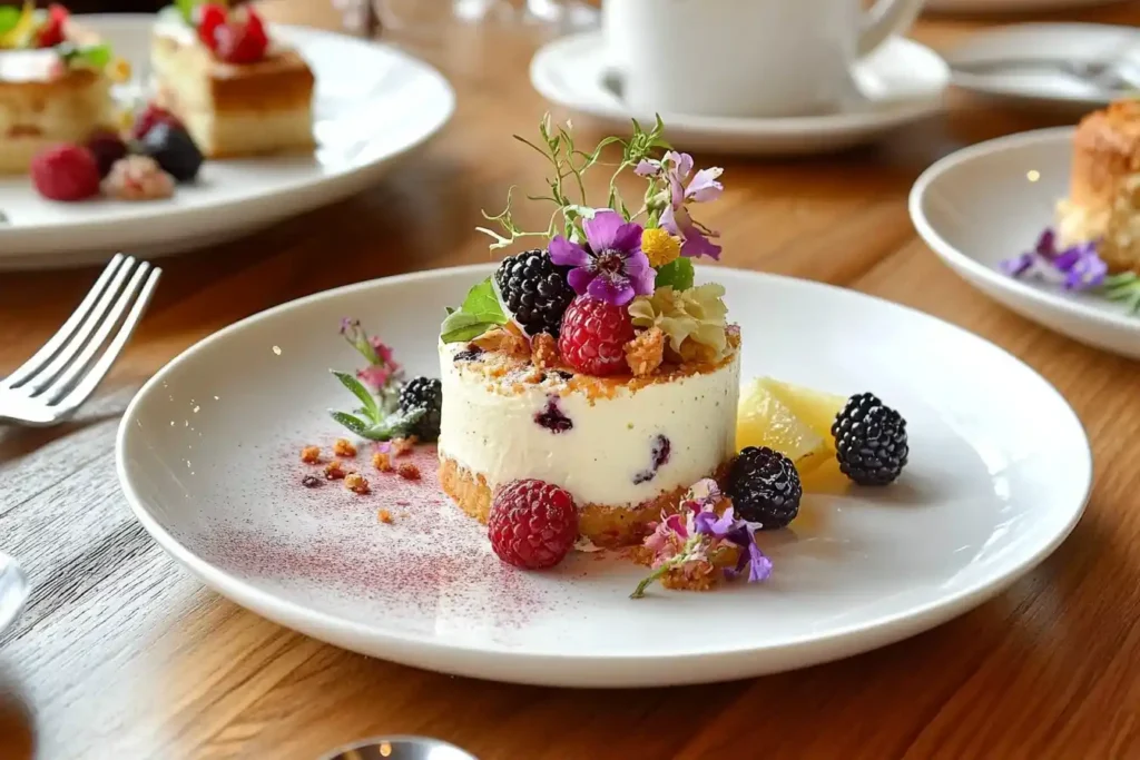 A lemonblackberrycake decorated with vibrant fruits and flowers, displayed on a rustic wooden table