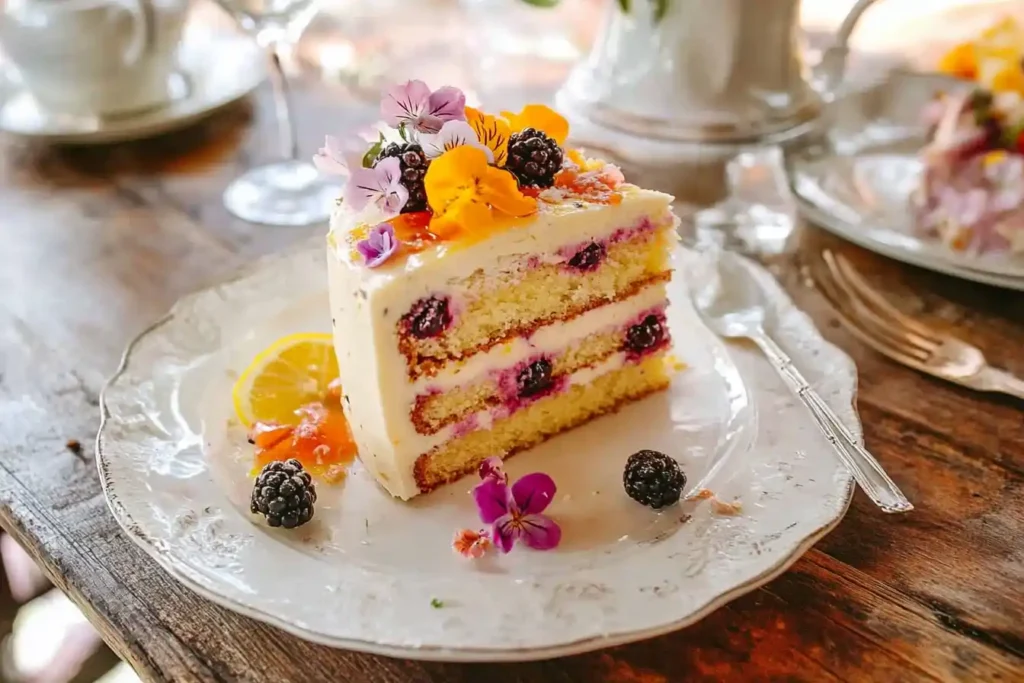 A lemon blackberry cake garnished with fresh fruit and flowers on a rustic wooden table.