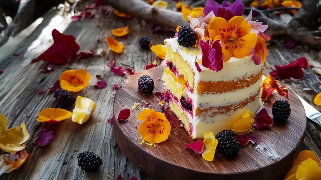 A slice of lemon blackberry cake decorated with vibrant edible flowers and fresh blackberries, placed on a wooden stand, surrounded by scattered petals on a rustic wooden table.