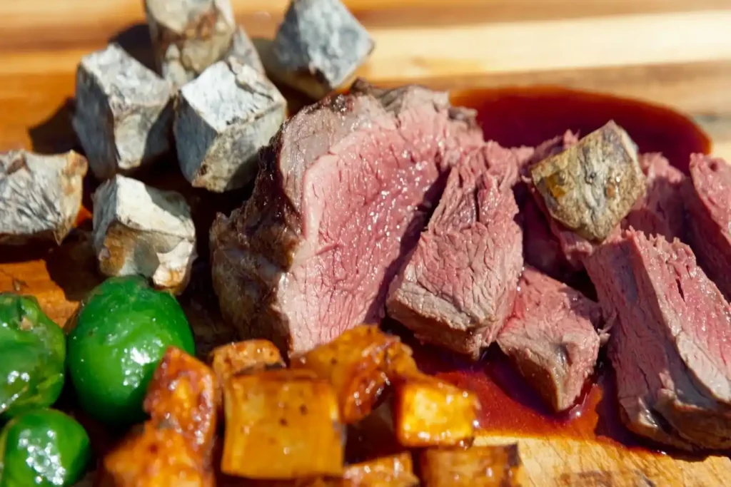 A sliced open venison roast showing its juicy interior, with roasted vegetables and garnishes.