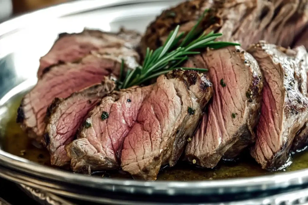 Close-up of a carved venison roast on a serving platter with fresh herbs for garnish.