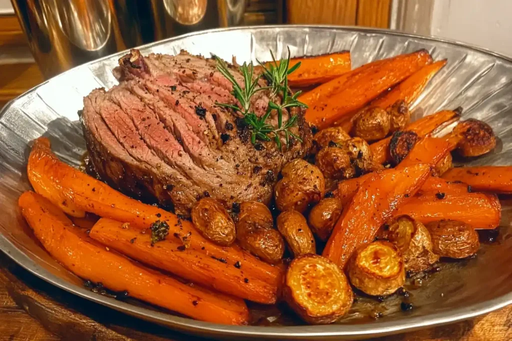 A serving platter with a garnished Deer roast surrounded by roted vegetables and herbs.