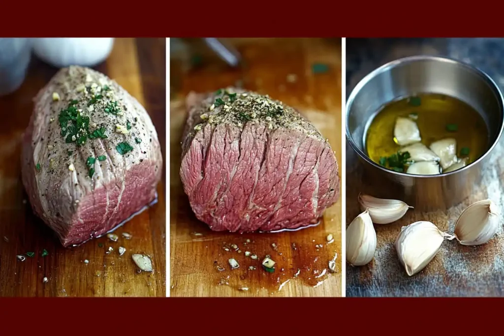 Close-up of a venison roast being seasoned with fresh herbs, garlic, and olive oil