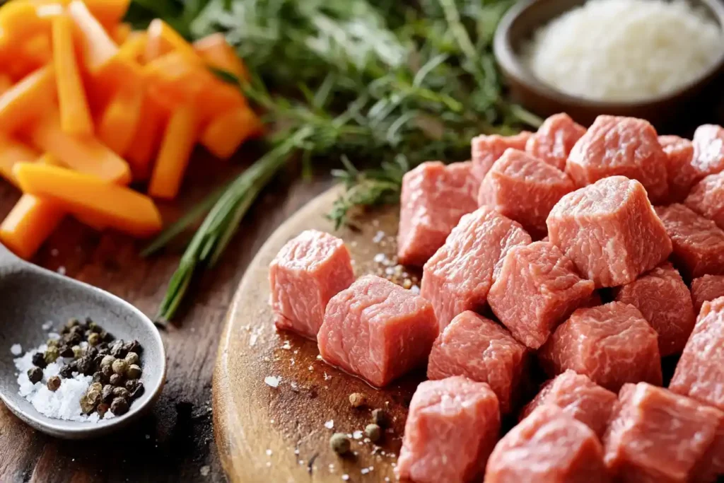 A vibrant flat-lay of venison, vegetables, and fresh herbs arranged neatly.