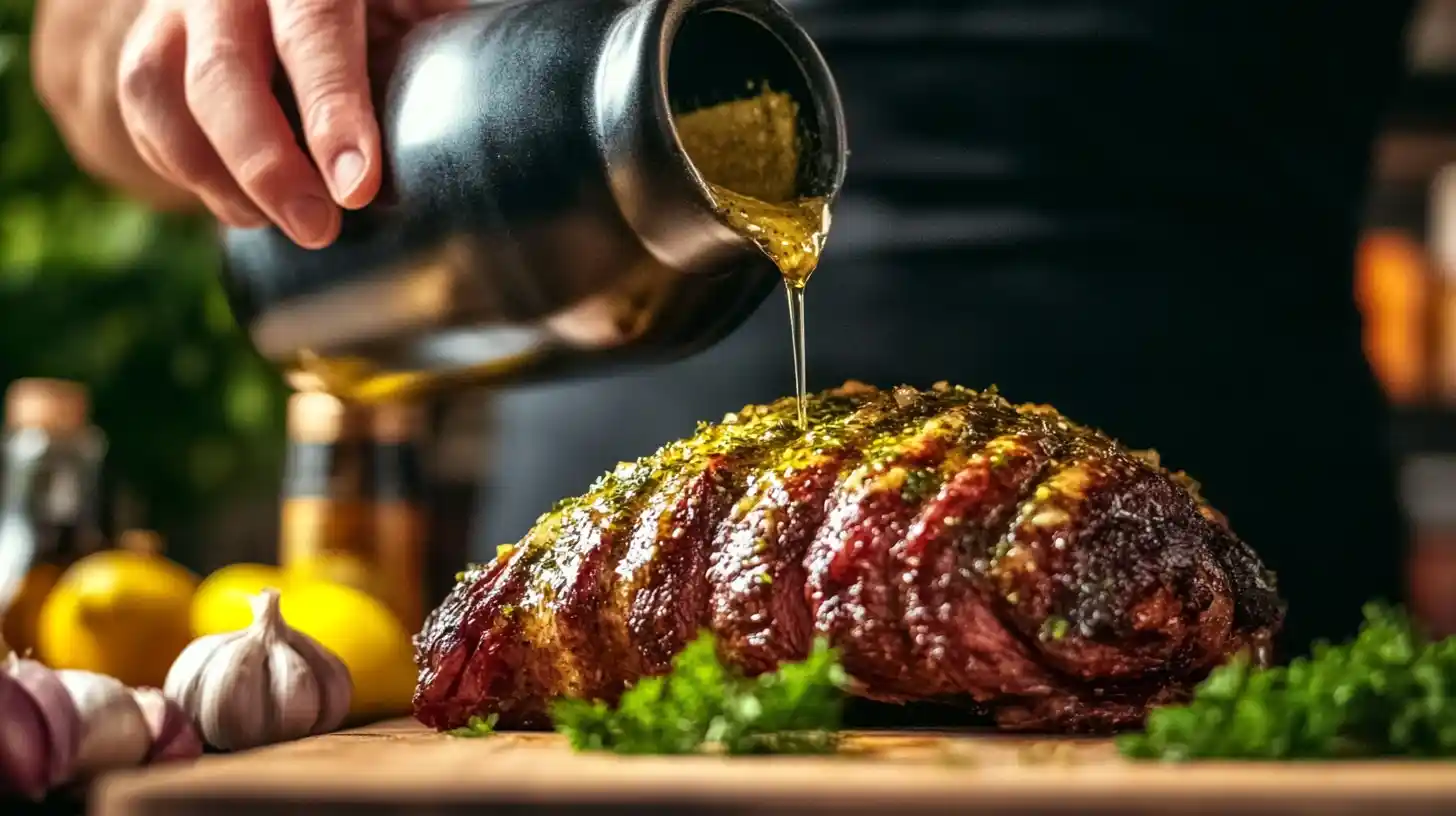 venison roast on a cutting board being seasoned with herbs, garlic, and olive oil.