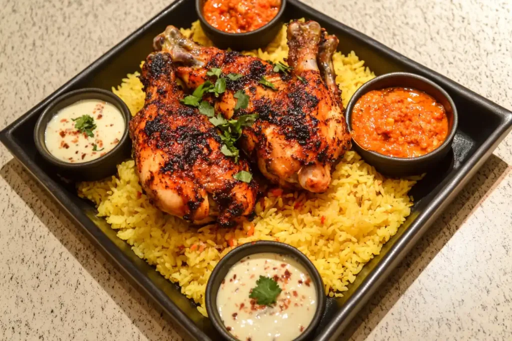 A plated dish of chicken and rice with three small bowls of creamy, spicy, and sweet/tangy sauces.