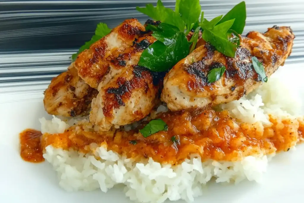 Grilled chicken with spicy chili sauce and a side of fluffy rice garnished with greens.