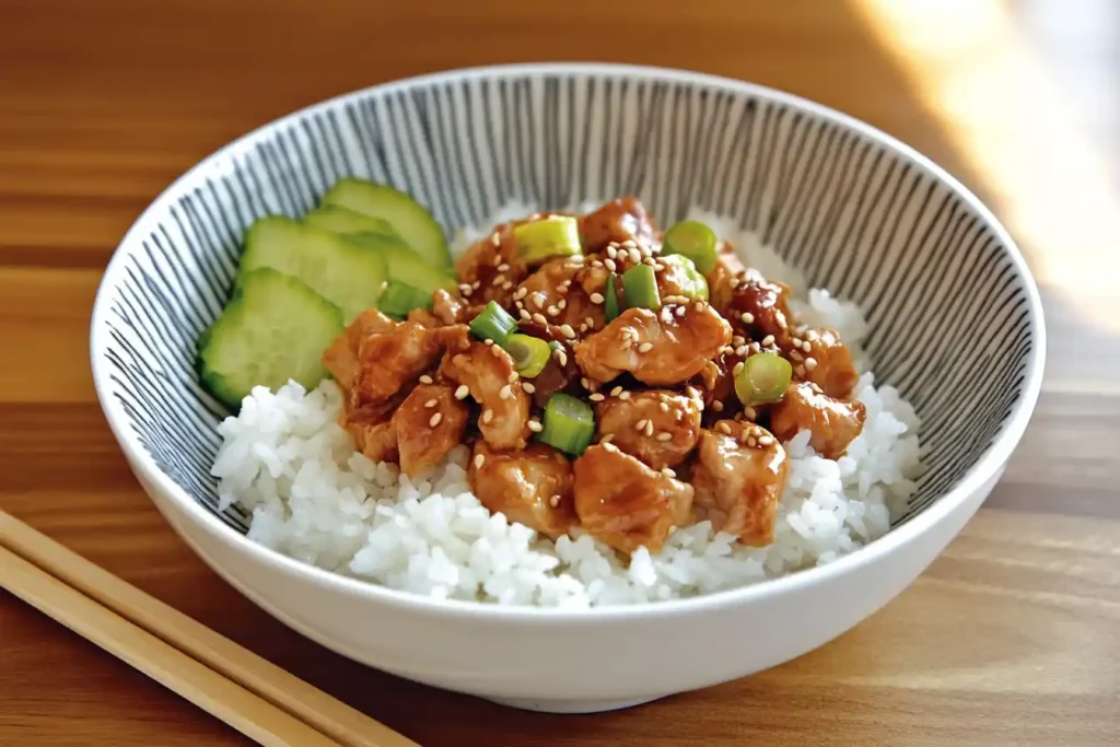 Teriyaki served over steamed , garnished with sesame seeds and chopped scallions.