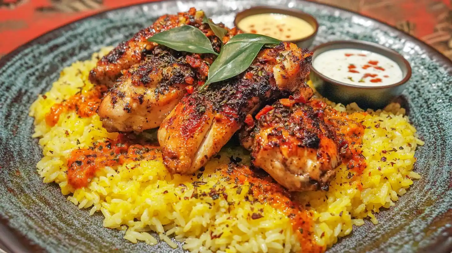 Plated chicken and rice with creamy, spicy, and sweet-tangy sauces.