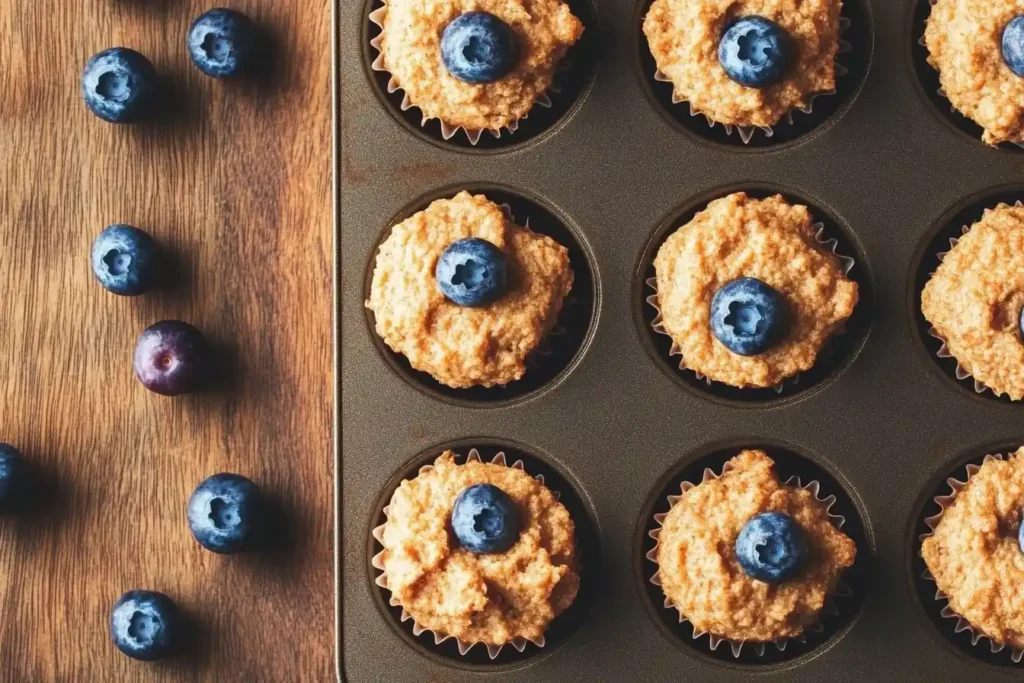 Close-up of a muffin tin filled with unbaked muffin batter, with fresh blueberries scattered around.