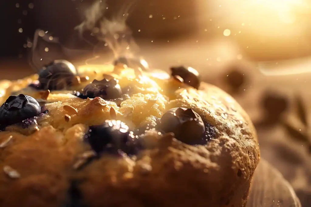 A close-up of a freshly baked sourdough blueberry muffin with a golden top, glistening blueberries, and faint steam in a softly blurred kitchen background.