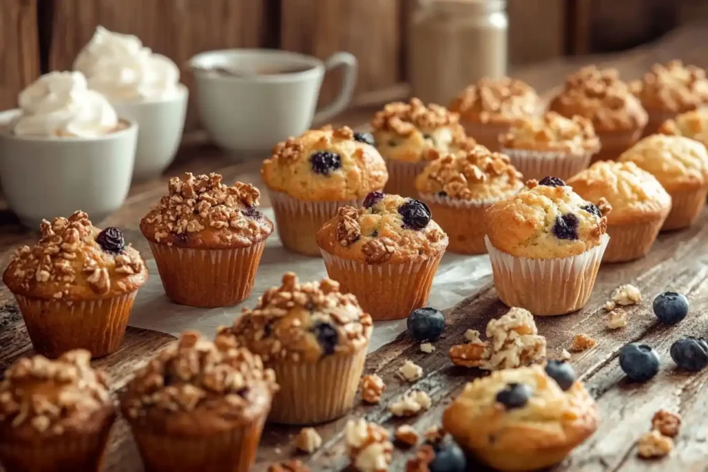 A table displaying an assortment of muffins, including lemon-blueberry, nut-topped, and vegan versions, arranged for a colorful feast.