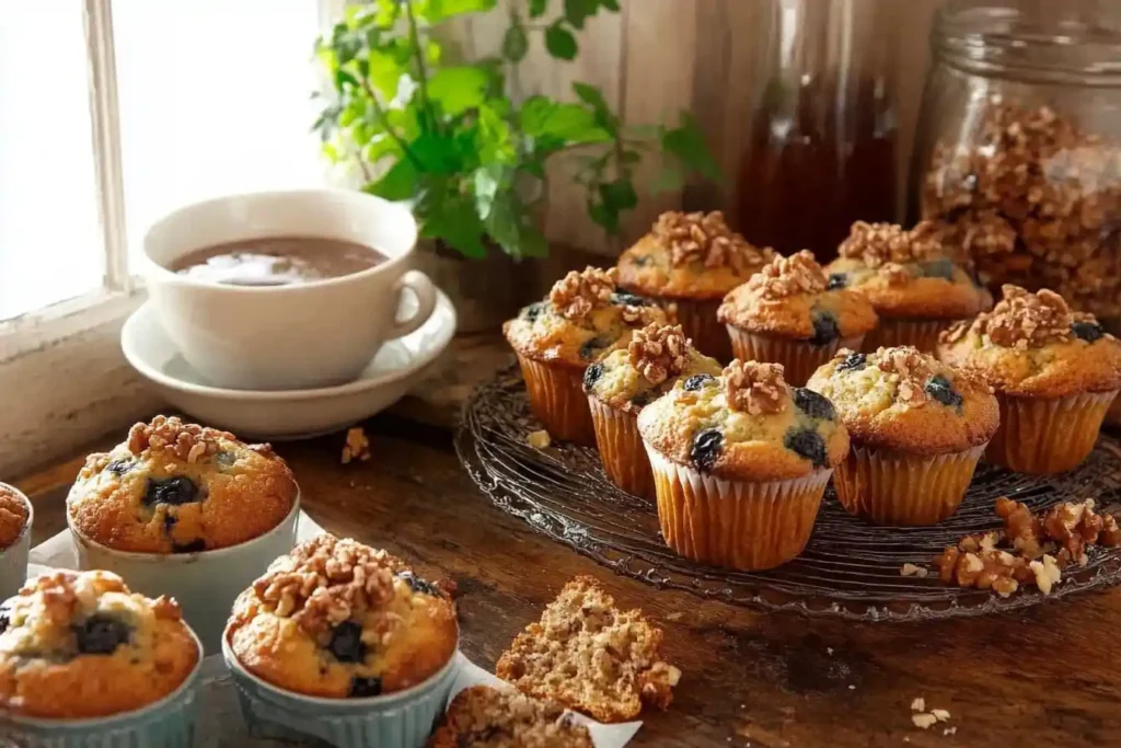 homemade muffins styled with fresh blueberries, glaze drizzles, and nut toppings, in a range of vibrant colors.