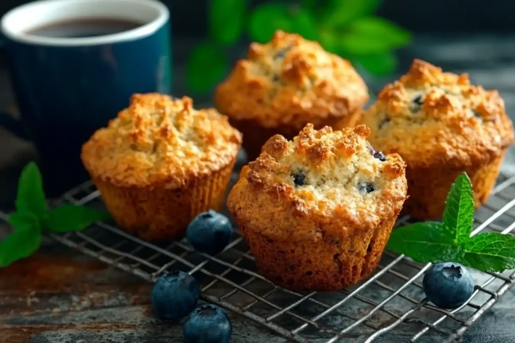 A flat lay of fresh muffinscooling on a wire rack, surrounded by scattered blueberries, and accompanied by a steaming cup of coffee or tea.