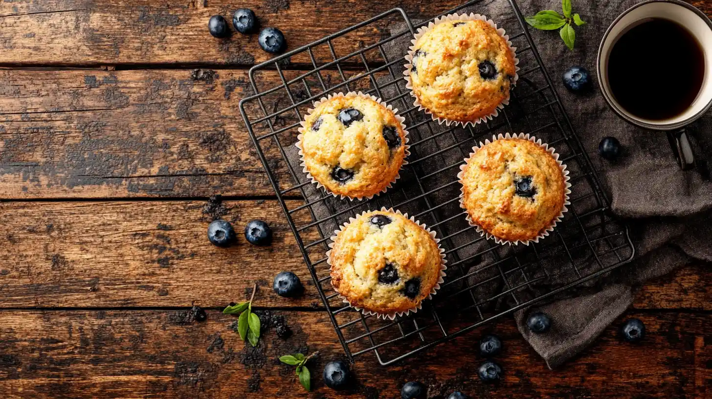 Flat lay view of freshly baked muffins on a cooling rack, surrounded by scattered blueberries and a steaming cup of coffee on a rustic wooden table with soft morning light.