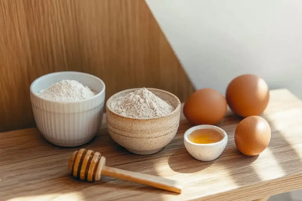 Key ingredients for sourdough challah, including flour, eggs, honey, and sourdough starter, arranged on a wooden board.