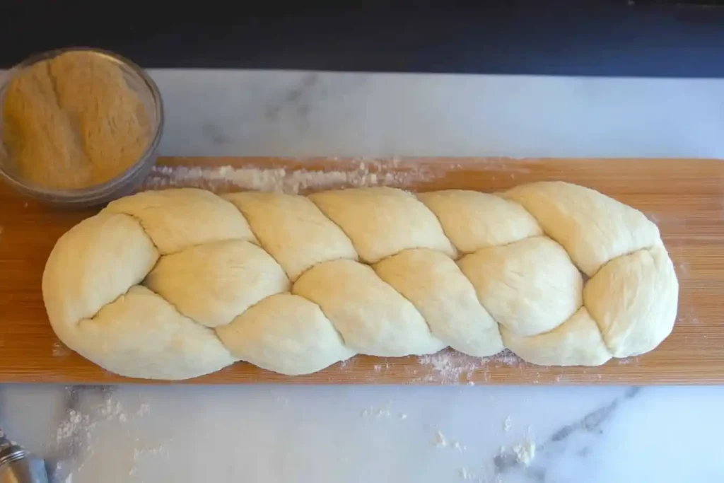 Step-by-step preparation of sourdough challah, showing ingredients and kneading process