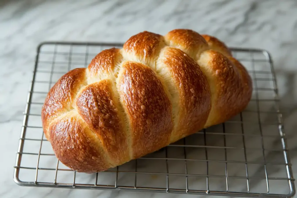 Freshly baked sourdough challah, showing its soft, airy interior texture.