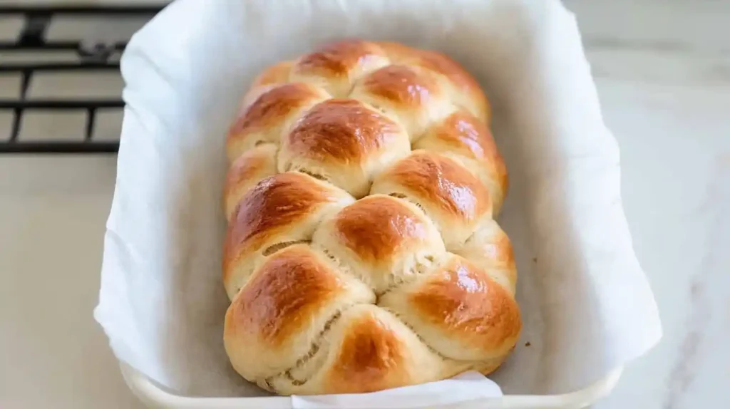 Perfectly braided and golden sourdough challah placed on a wooden table with soft lighting.