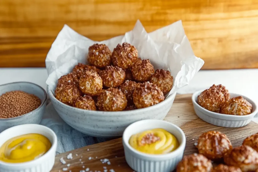 Flat-lay of sourdough pretzel bites in a bowl, accompanied by mustard dip and salt granules in small bowls.