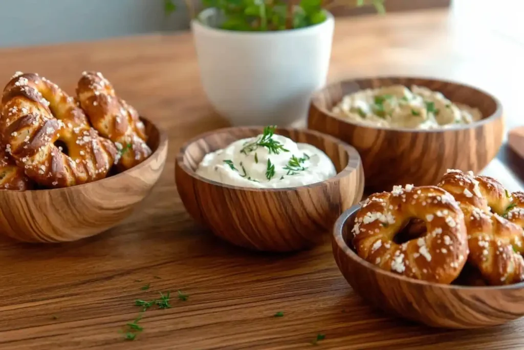 A cozy tablescape showcasing freshly baked pretzel bites with three bowls of assorted dips.