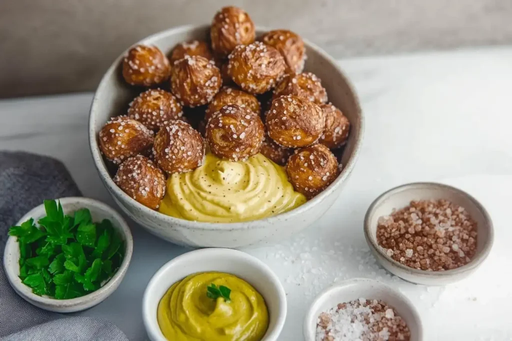 A bowl of sourdough pretzel bites garnished with coarse salt, served with mustard dips and fresh parsley