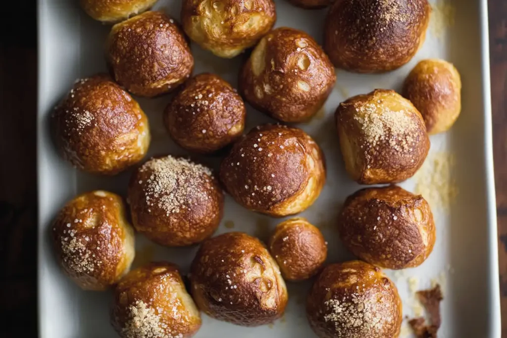 Golden-brown sourdoughpretzel bites sprinkled with coarse salt, arranged on a rectangular white tray