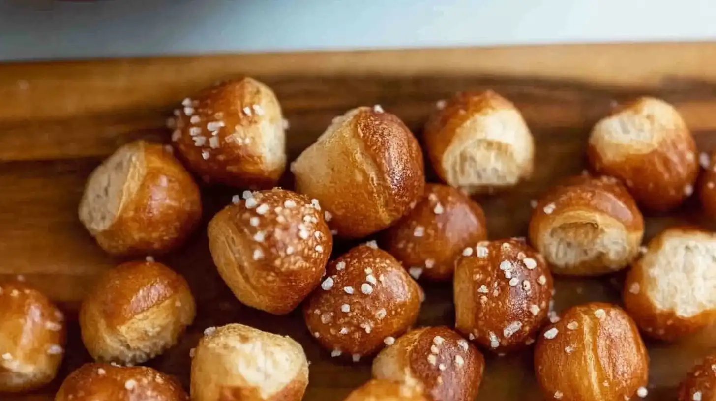 Golden sourdough pretzel bites sprinkled with coarse salt, scattered on a wooden board.