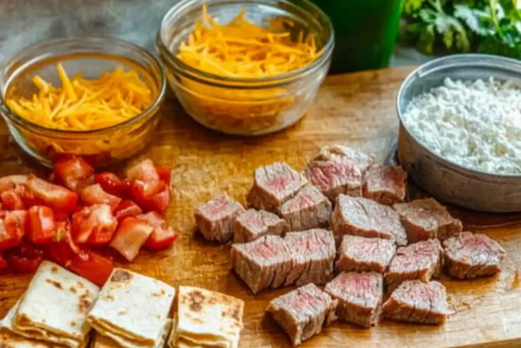 Ingredients for steak quesadillas laid out on a wooden cutting board, including seasoned steak, fresh vegetables, cheese, and tortillas.