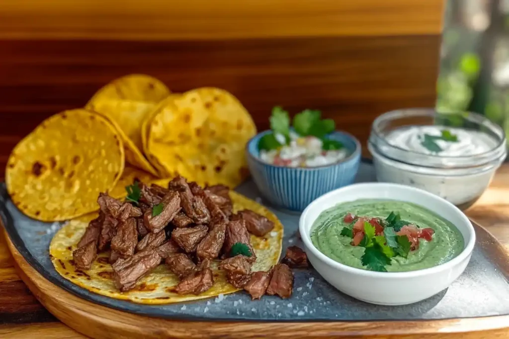 A colorful platter with various steak quesadilla versions, tacos, dips, and fresh cilantro sprinkled on top.