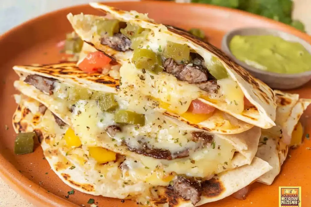 A stack of grilled steak quesadillas with melted cheese, green peppers, and onions, served with salsa and dipping sauce.