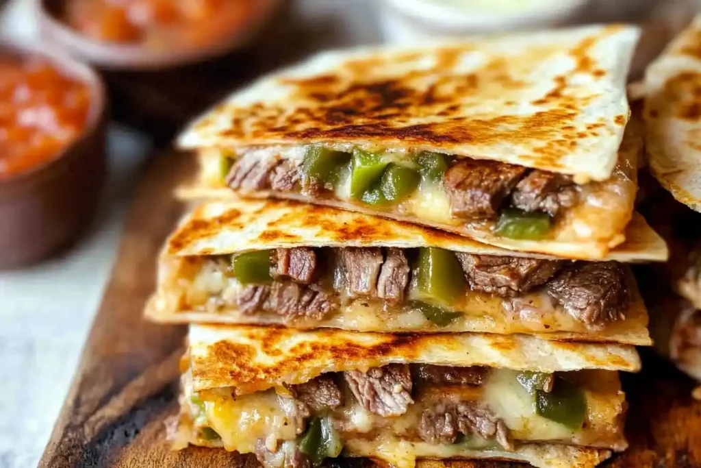 A stack of grilled filled with tender, melted cheese, green peppers, and onions, served with salsa and creamy dipping sauce.